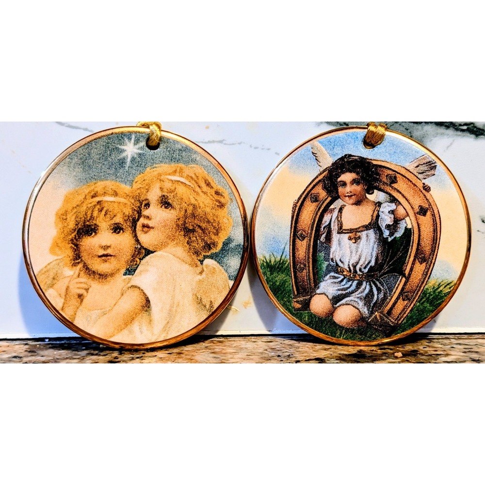 Inspirations from Above Joy and Luck Cherubs Ceramic Ornaments Lot of 2